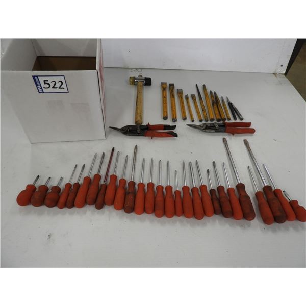 (2) Tin snips, soft blow hammer, (12) chisels and punches, (28 piece) screwdriver set