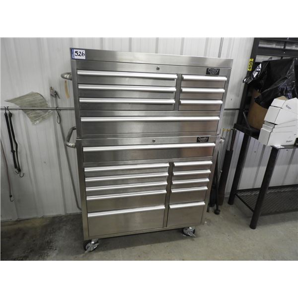 Quality Craft 18 drawer stainless steel tool cabinet, upper and lower cabinet on castors (like new)
