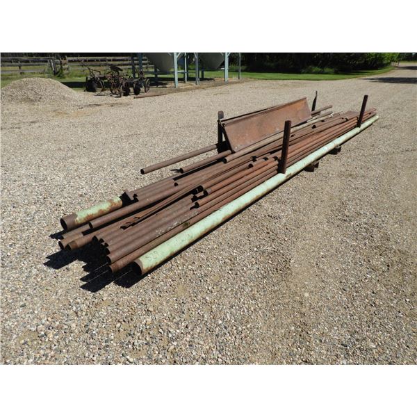 Metal Rack 4"x24"x42" with Drill stem various lengths plus metal ramps., (14) 2-3/8" drill stem, (6)