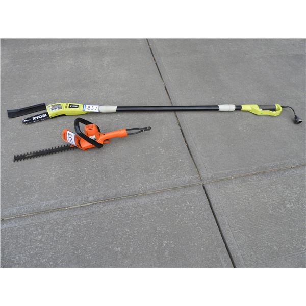(1) B& D Hedge trimmer 16" blade and Ryobi Electric Pole Saw, 8" blade 8ft pole when extended, teles