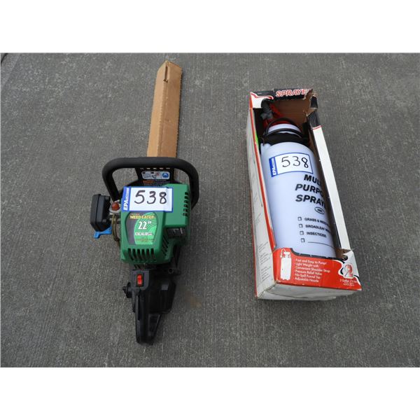 (1) Weed Eater Hedge Trimmer 22" stainless blade, gas (unused) and 2 gallon hand sprayer (unused)