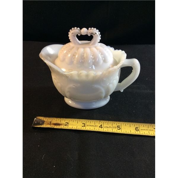 Vintage milk glass bowl with lid is  flea bite white chip on spout