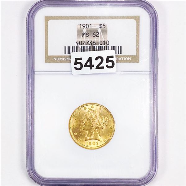 1901 $5 Gold Half Eagle NGC - MS62