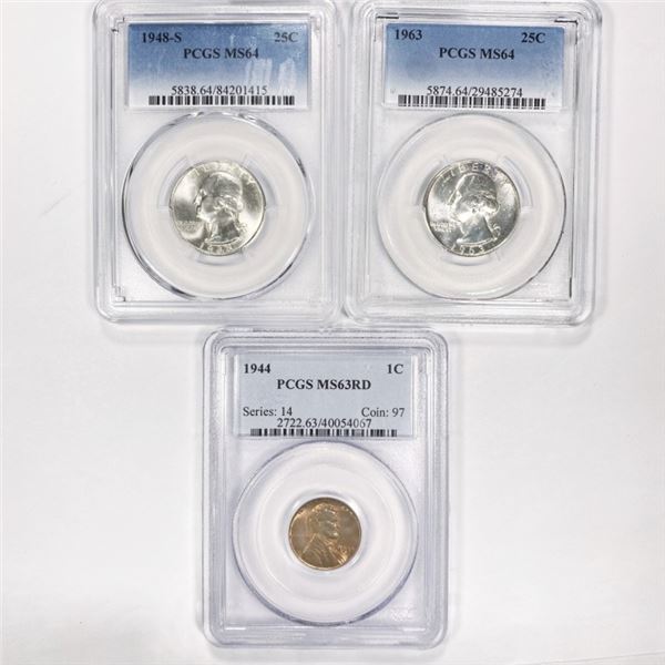 1944-1963 Set (3) Two 25C, One 1C  PCGS graded