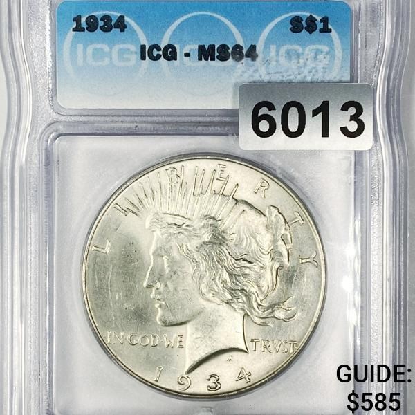 1934 Silver Peace Dollar ICG - MS64