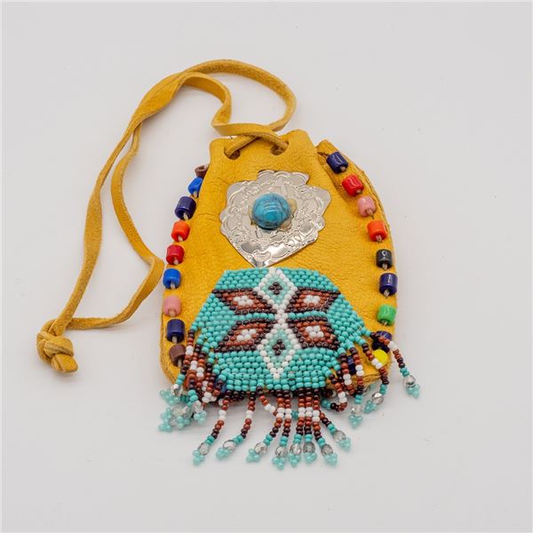 Navajo Beaded Buckskin Leather Drawstring Pouch