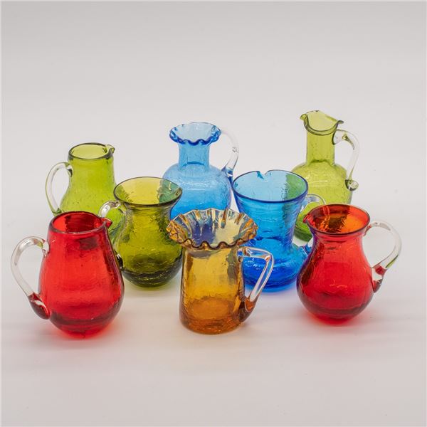 8 Miniature Crackle Glass Vases and Pitchers