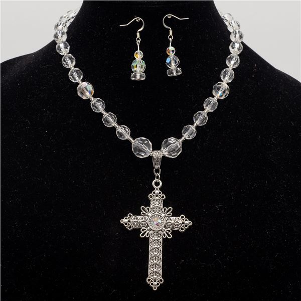 Filigree Silver Tone Cross Necklace and Earrings