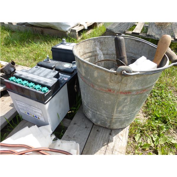 3- Batteries, Pail of Clamps and Misc.