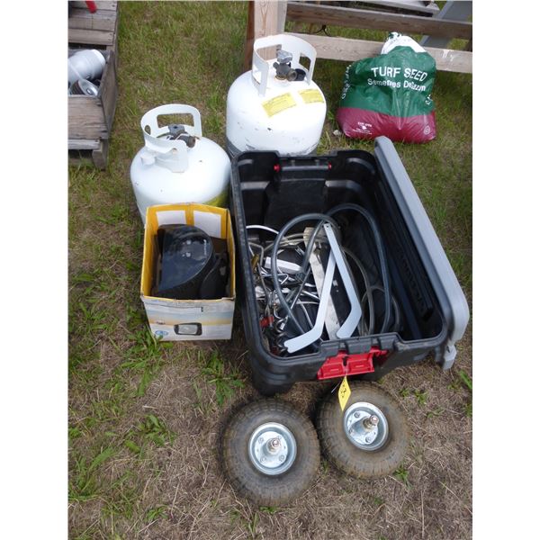 2- Pro Bottles, Black Tote c/w Heater and Misc., 2- 4.10 x 3.50 Tires and Rims