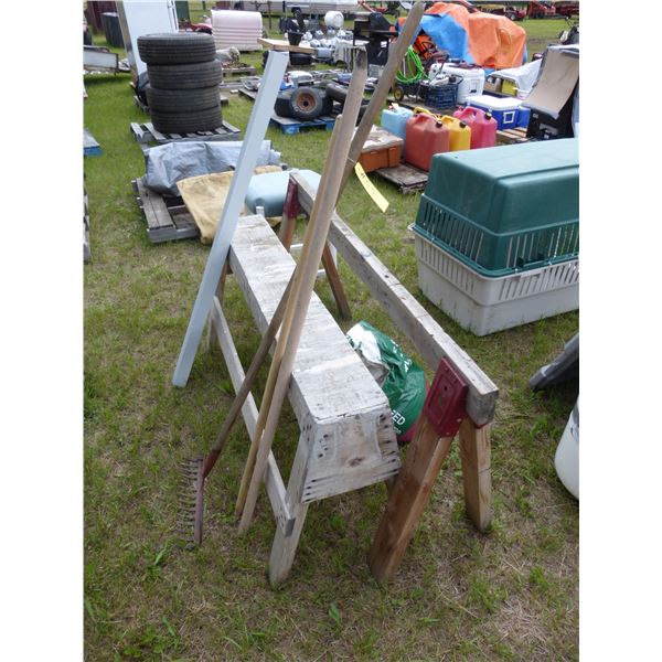 2- Saw Horses, Grass Seed, Chair, Rake and 2- Handles and White Corner Trim