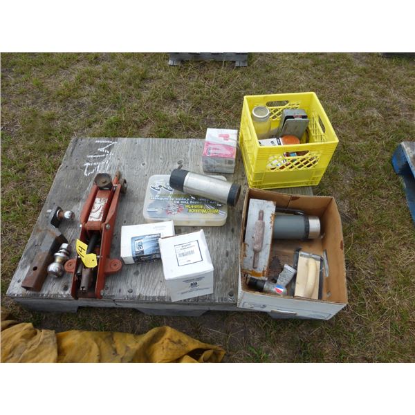 Pallet c/w Hitch, Floor Jack, Trowels and Misc.