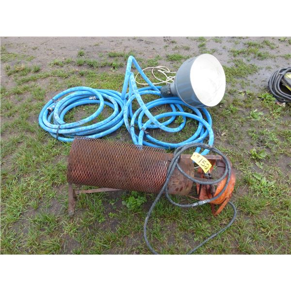 Propane Heater c/w Hose and Fitting, 2- Industrial Water Hose, Large 300 Watt Light Fixture