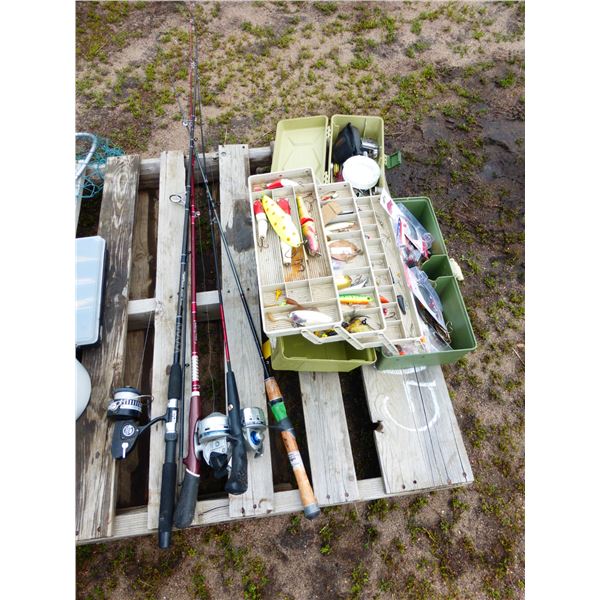 4- Fishing Rods, Net and 2- Boxes of Tackle