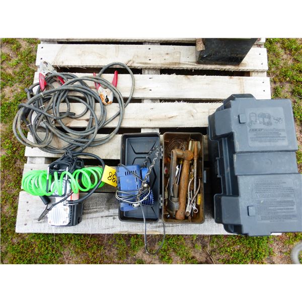 Booster Cables, Battery Box, Portable Compressor and Tool Box c/w Misc.