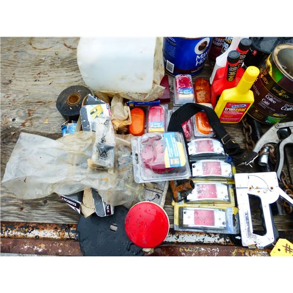 Qty of New Trailer Lights, Tools, Grease Guns, Tapes, Stapler, Oils and Misc