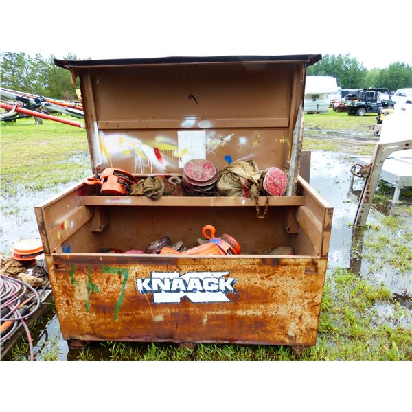 Box of At Least 20 Chain Hoist c/w Knaack 30"x60" Steel Box c/w Lid
