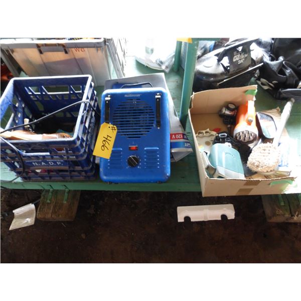 Heater, 3- Fishing Rods, Headlights and Misc.