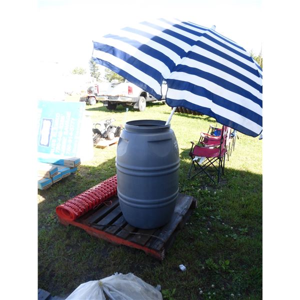 Umbrella, Rain Barrel and Snow Fence