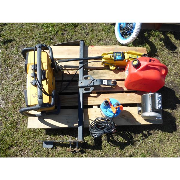 DeWalt Radio, Charger Combo, Elec. 1/4 HP Motor, Sub. Pump, Gas Can and Floor Jack