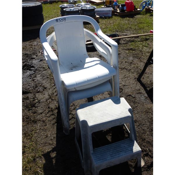 3 Plastic Chairs and Step Stool