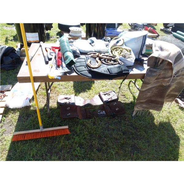 Horse Blankets, Rope, Push Broom, Hatchet, Branch Cutter and Table