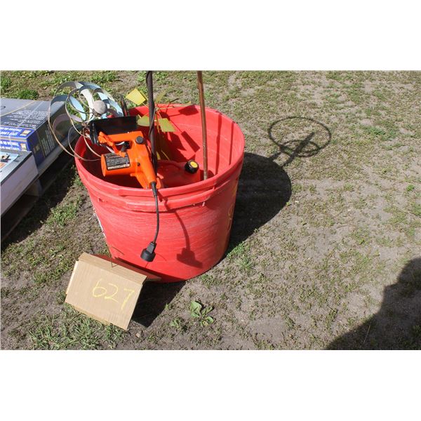 Red Tub c/w Chain Saw and Lawn Ornaments