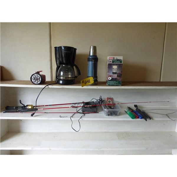 Fishing Rods, Thermos, Coffee Maker, Lantern and Cutlery