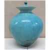 Image 1 : Blue Glazed Crackled Ceramic Ginger Jar w/ Lid by Wayne Turl, Oahu 10" Dia, 16"H