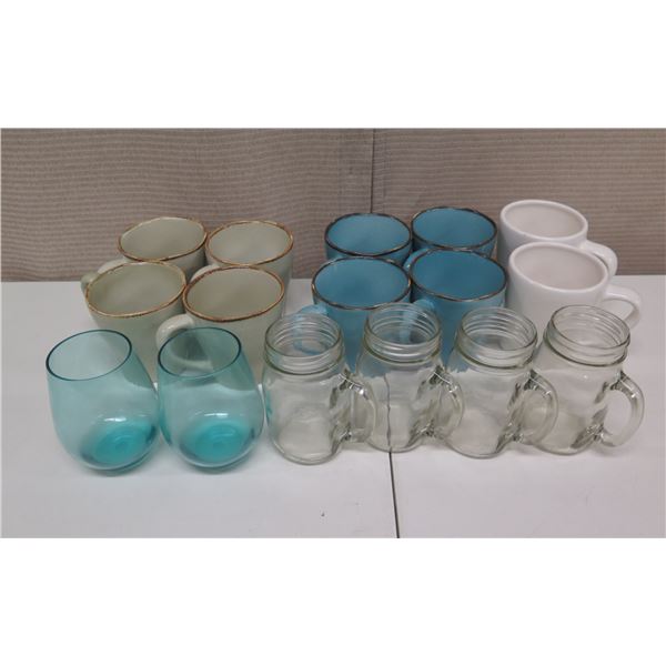 Misc Glassware: Mason Jar Glasses w/ Handles, Ceramic Mugs, Blue Glass Tumblers