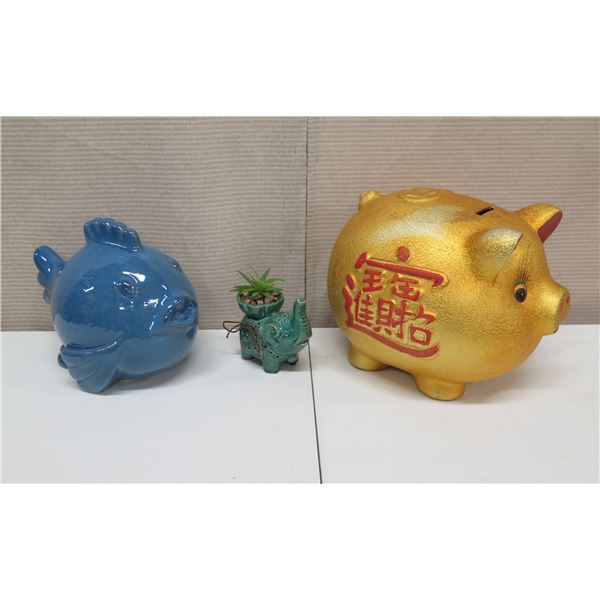 Gold Colored Piggy Bank w/ Asian Markings, Blue Fish & Elephant Plant Holder