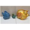 Image 1 : Gold Colored Piggy Bank w/ Asian Markings, Blue Fish & Elephant Plant Holder