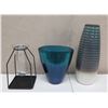 Image 1 : Ceramic Ribbed Vase, Blue Bowl  & Glass Vial in Black Metal Stand