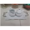 Image 11 : Beekman Sugar Bowl & Creamer on Tray, 2 Footed Bowls w/ Artificial Fruit & Aqua Bowl