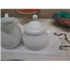 Image 13 : Beekman Sugar Bowl & Creamer on Tray, 2 Footed Bowls w/ Artificial Fruit & Aqua Bowl