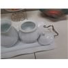 Image 14 : Beekman Sugar Bowl & Creamer on Tray, 2 Footed Bowls w/ Artificial Fruit & Aqua Bowl