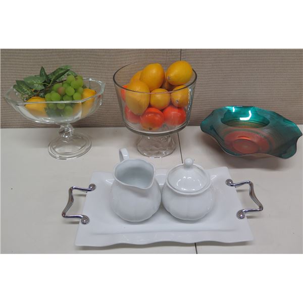 Beekman Sugar Bowl & Creamer on Tray, 2 Footed Bowls w/ Artificial Fruit & Aqua Bowl