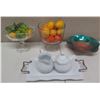 Image 1 : Beekman Sugar Bowl & Creamer on Tray, 2 Footed Bowls w/ Artificial Fruit & Aqua Bowl