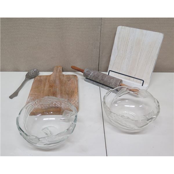Mikasa Glass Bowl w/ Cut-Out Design, Bee & Willow Cutting Board, Stone Rolling Pin, etc