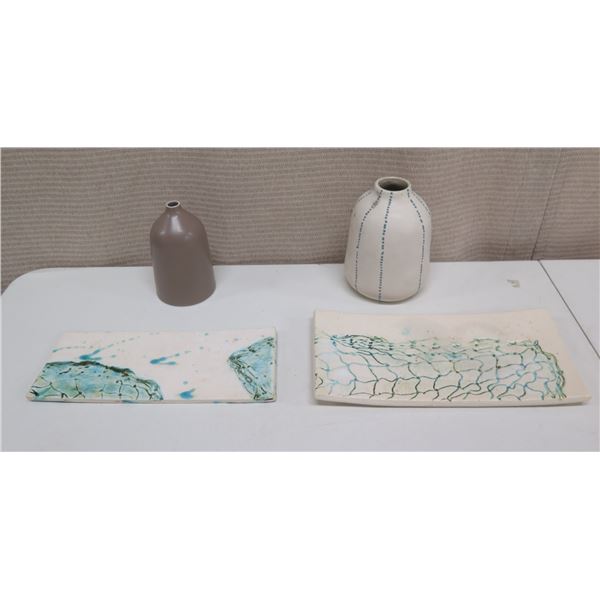 Qty 2 Ceramic Vases & 2 Sashimi Trays Signed by Artist