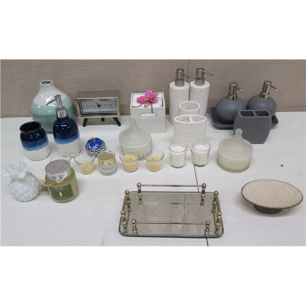 Misc Bath Accessories: Soap Pumps, Toothbrush Holders, Mirrored Tray, Candles, etc