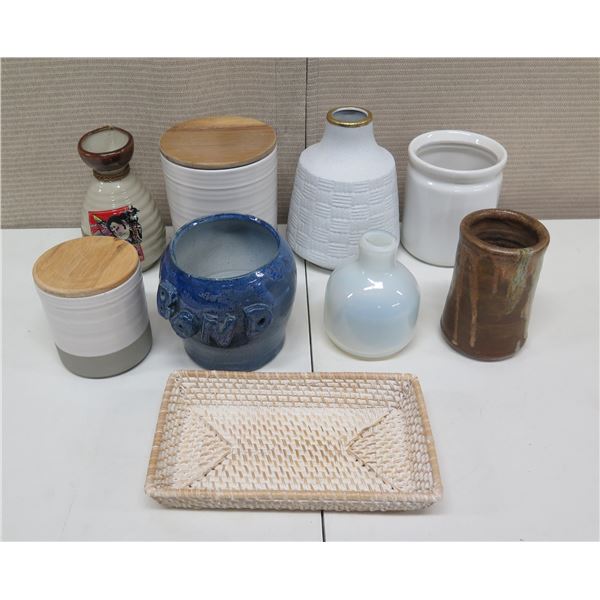 Qty 8 Vases & Decorative Containers Misc Sizes & Designs w/ Woven Tray