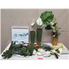Image 1 : Square Artwork, 3 Vases & Multiple Artificial Flowers: Anthuriums, Orchids, etc