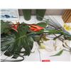 Image 8 : Square Artwork, 3 Vases & Multiple Artificial Flowers: Anthuriums, Orchids, etc