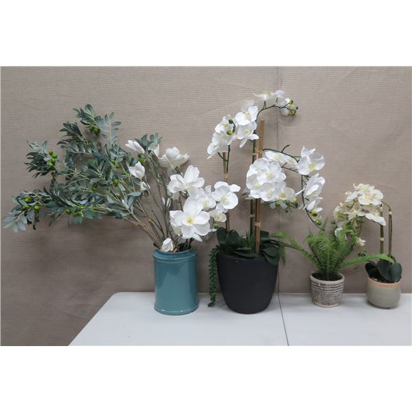 Qty 4 Potted Artificial Flower Plants: Orchids, Berries, Ferns, etc