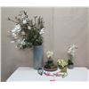 Image 1 : Tall Vase, Pot & Round Plate w/ Artificial Flower Plants: Orchids, Hibiscus, Ferns, etc