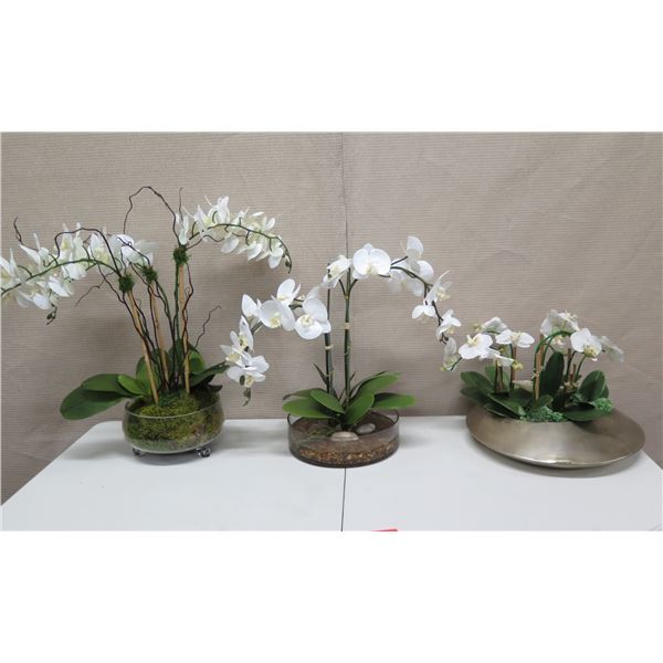 Qty 3 Potted Artificial Flower Arrangements: Orchids, Leaves, etc
