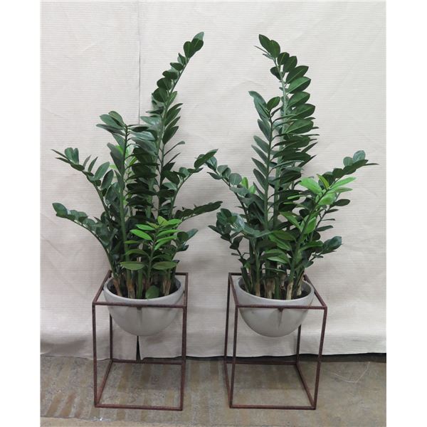 Qty 2 Tall Potted Artificial Leafy Plants in Metal Stands 54"H
