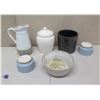 Image 1 : Misc Ceramics: Pitcher w/ Handle, Bowl, Vase, Jar w/ Lid & 2 Containers Sea Salt Bloom