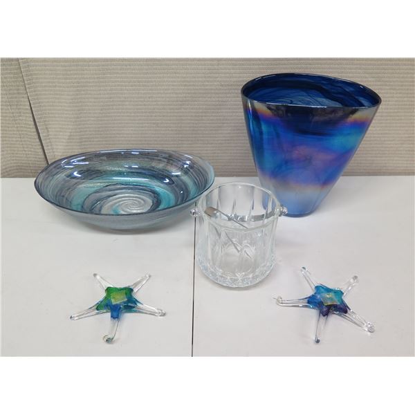 Qty 2 Glass Starfish Décor, 2 Blown Glass Vessels & Crystal Ice Bucket w/ Tongs